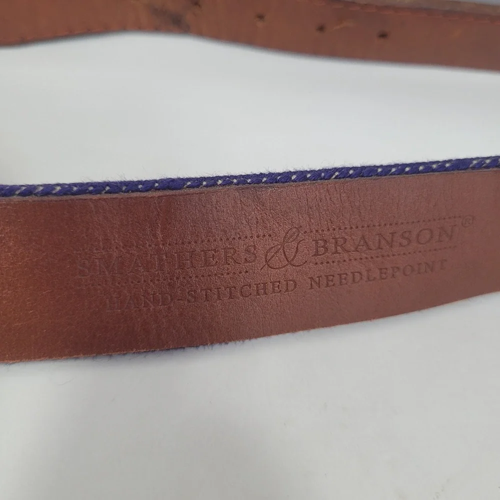 Smathers & Branson Belt 42 Blue Red Shotshells Needlepoint Leather Brass Buckle